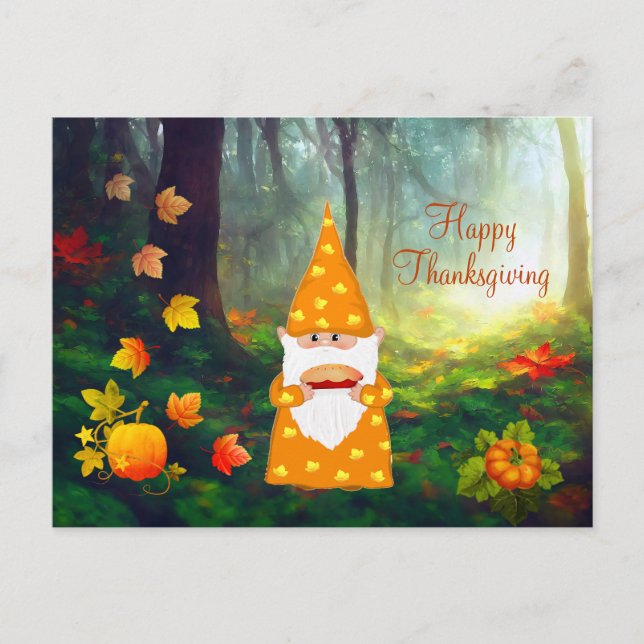 Cute Gnome, Fall leaves and Pumpkins Postcard (Front)