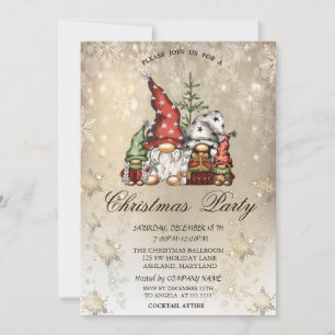 Cute Gnome Family Snowflakes Gold Party  Invitation