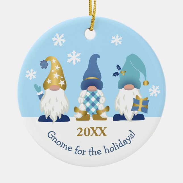 Cute Gnome for the Holidays Blue Gold Ceramic Tree Decoration (Front)