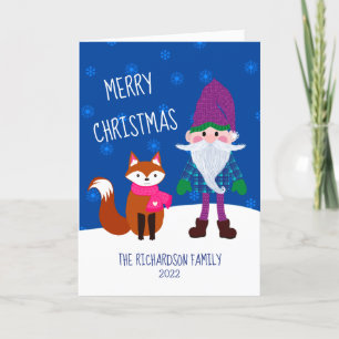 Cute Gnome Fox Snowflakes Night Blue Christmas Holiday Card