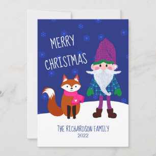 Cute Gnome Fox Snowflakes Personalised Holiday Card