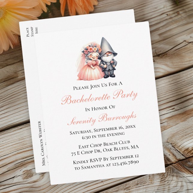 Cute Gnome Garden Orange Bachelorette Party  Invitation Postcard (Creator Uploaded)