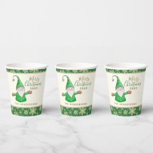 Cute Gnome Green Xmas Party Personalised Christmas Paper Cups