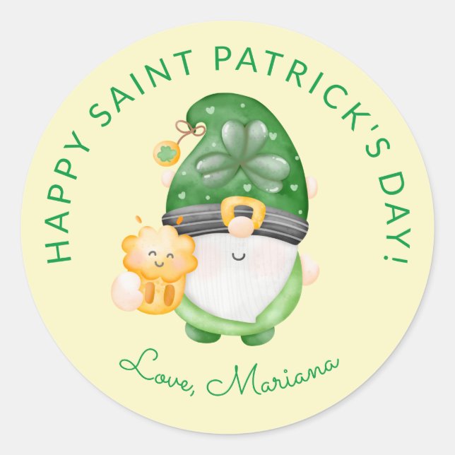 Cute Gnome Happy Saint Patricks Day Party Favours  Classic Round Sticker (Front)