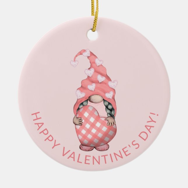 Cute Gnome Happy Valentines Day Ceramic Tree Decoration (Front)