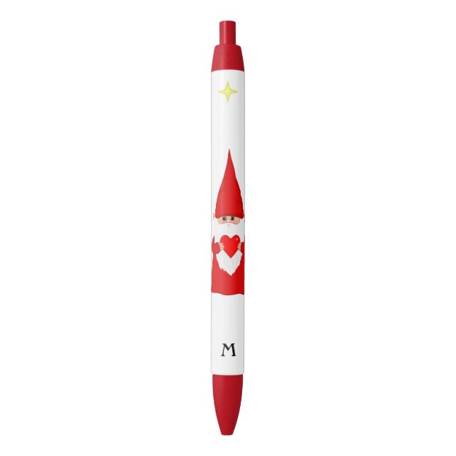 Cute Gnome Holding a Heart & Monogram Black Ink Pen (Front Vertical)