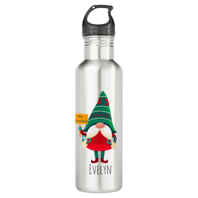 Cute Gnome Holding Placard with Greetings 710 Ml Water Bottle (Front)