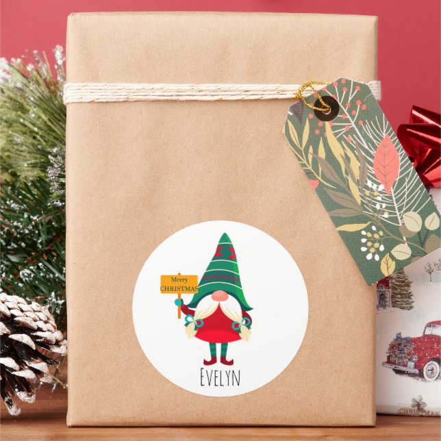 Cute Gnome Holding Placard with Greetings Classic Round Sticker (Holiday)