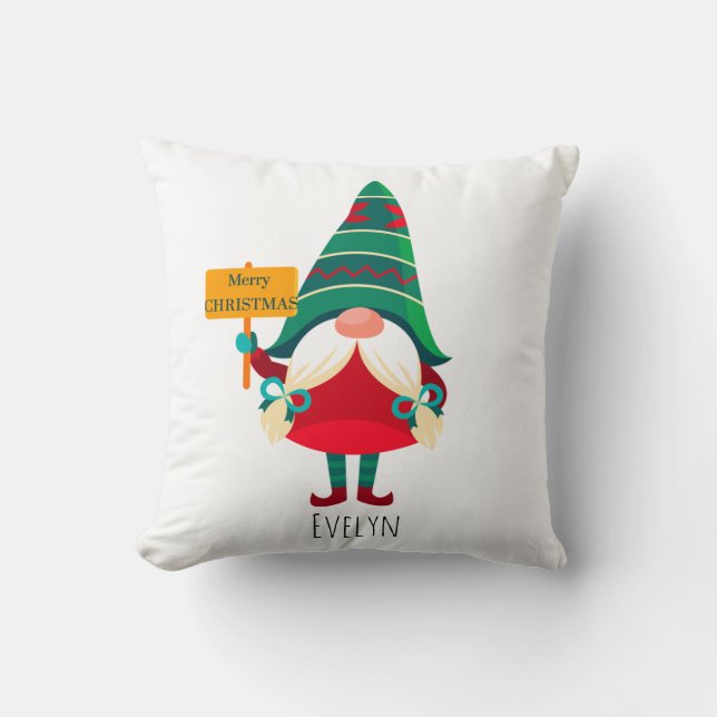 Cute Gnome Holding Placard with Greetings Cushion (Front)
