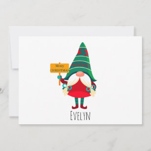 Cute Gnome Holding Placard with Greetings Holiday Card