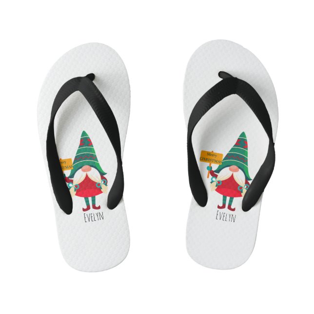 Cute Gnome Holding Placard with Greetings Kid's Flip Flops (Footbed)