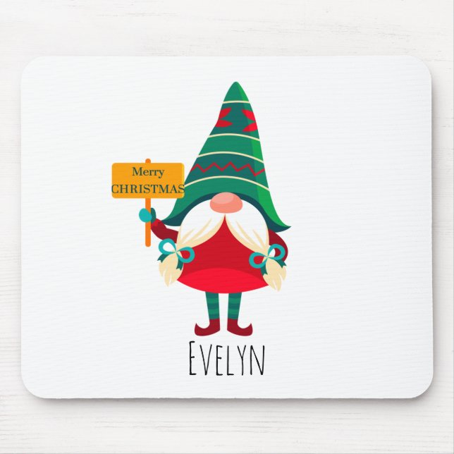 Cute Gnome Holding Placard with Greetings Mouse Mat (Front)
