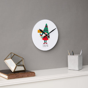 Cute Gnome Holding Placard with Greetings Round Clock