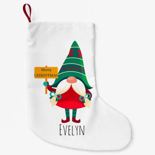 Cute Gnome Holding Placard with Greetings Small Christmas Stocking (Front)