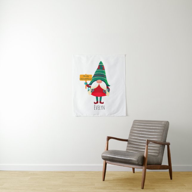 Cute Gnome Holding Placard with Greetings Tapestry (In Situ)