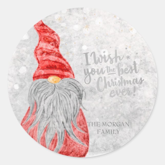Cute Gnome,I Wish You The Best Christmas Ever  Classic Round Sticker (Front)