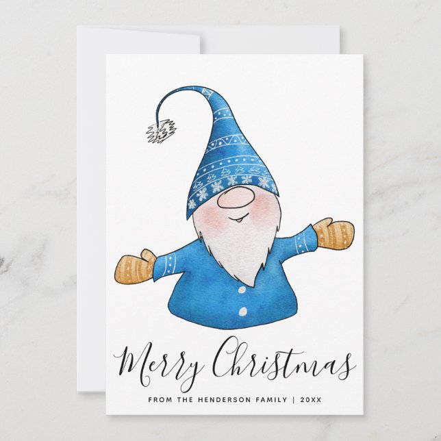 Cute Gnome in Blue 2025 Calendar Merry Christmas Holiday Card (Front)