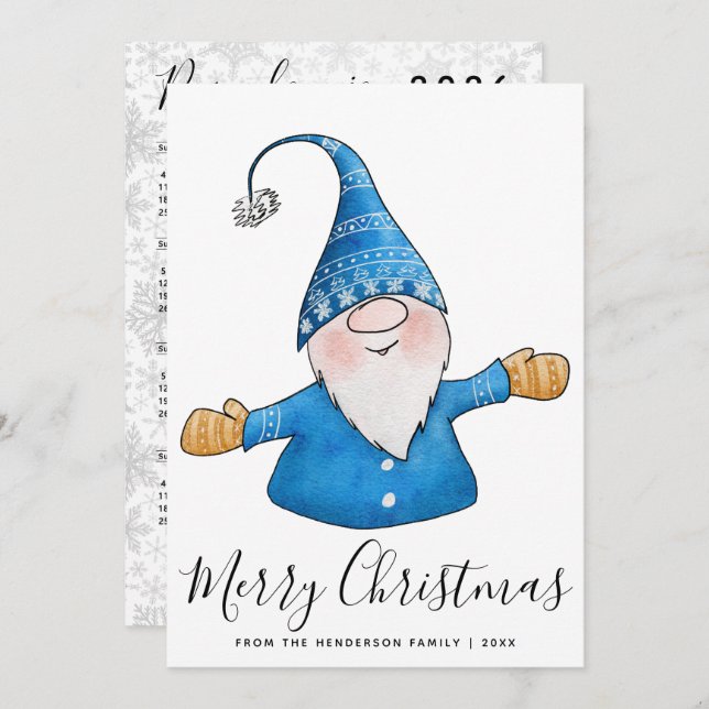 Cute Gnome in Blue 2025 Calendar Merry Christmas Holiday Card (Front/Back)