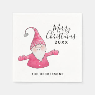 Cute Gnome in Pink Merry Christmas Napkin
