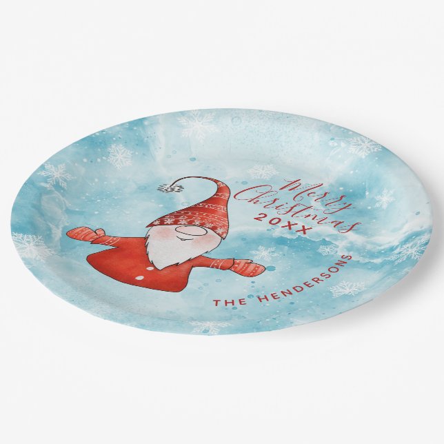 Cute Gnome in Red Modern Custom Merry Christmas Paper Plate (Angled)