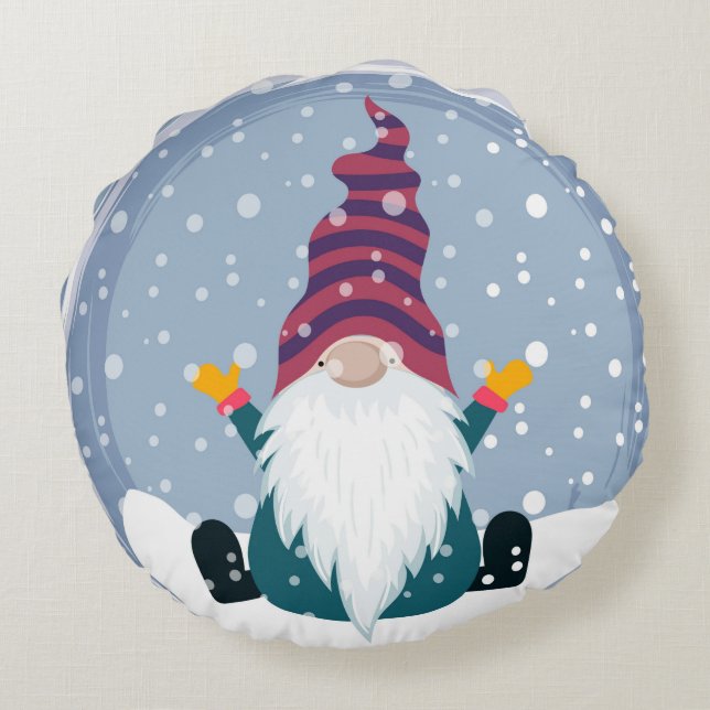 Cute Gnome in Snowfall Round Cushion (Back)