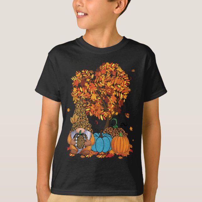 Cute Gnome Leopard Pumpkin Tree Leaves Autumn Than T-Shirt (Front)