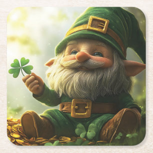 Cute gnome leprechaun with shamrocks and clovers square paper coaster