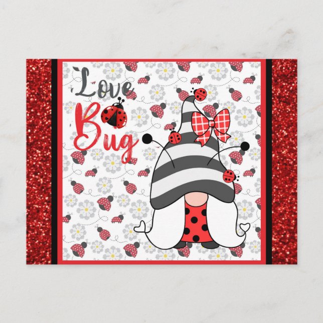 Cute Gnome Love Bug Ladybug Valentines Day Postcard (Front)