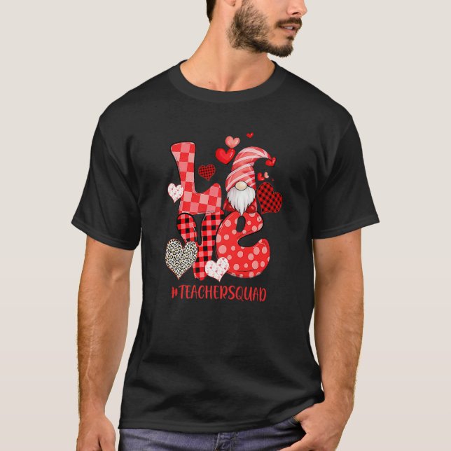 Cute Gnome Love Heart Leopard Plaid Teacher Squad  T-Shirt (Front)