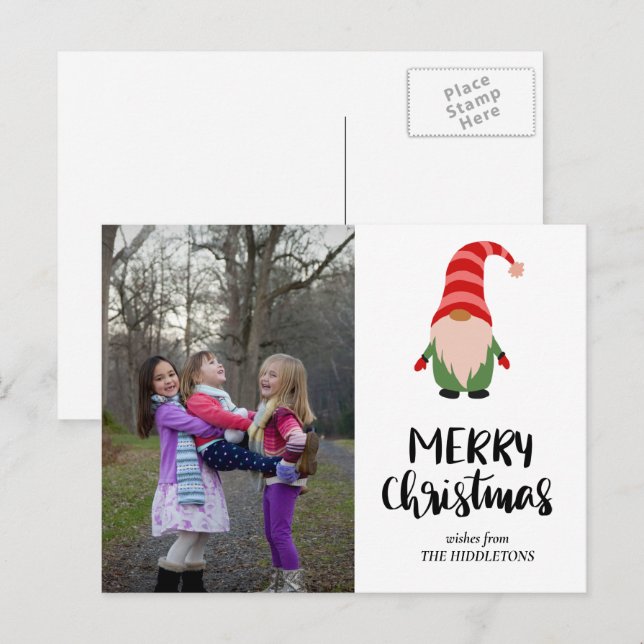 Cute Gnome Merry Christmas Script Family Photo Holiday Postcard (Front/Back)