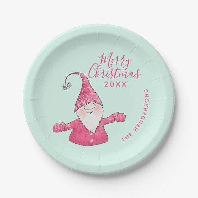 Cute Gnome Mint Green Pink Custom Merry Christmas Paper Plate (Front)