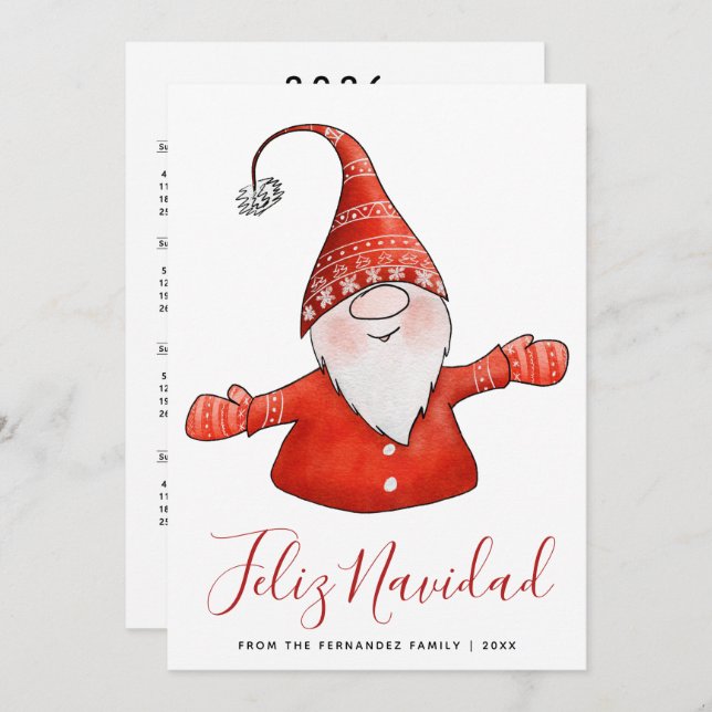 Cute Gnome Modern Feliz Navidad with 2025 Calendar Holiday Card (Front/Back)
