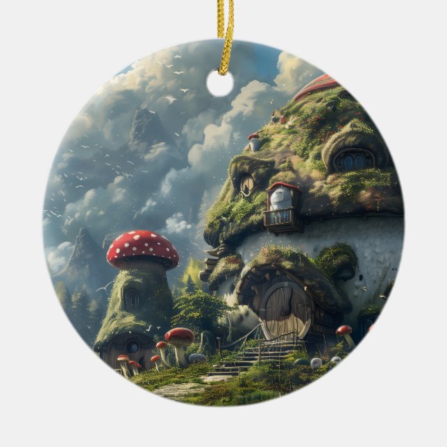 Cute gnome ,mushroom house  ceramic tree decoration (Front)