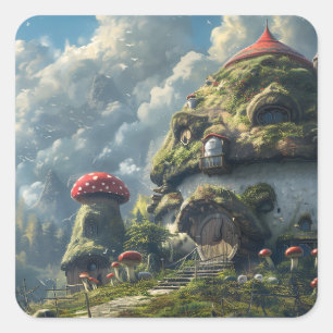 Cute gnome ,mushroom house square sticker