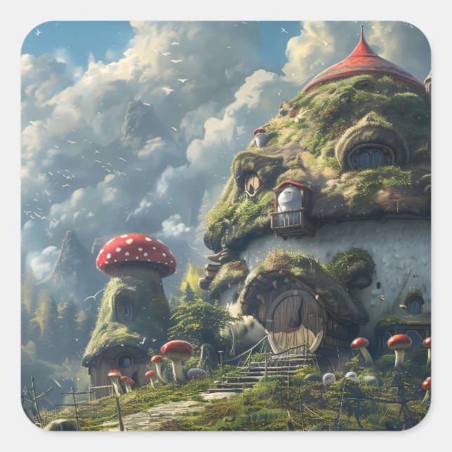 Cute gnome ,mushroom house  square sticker (Front)