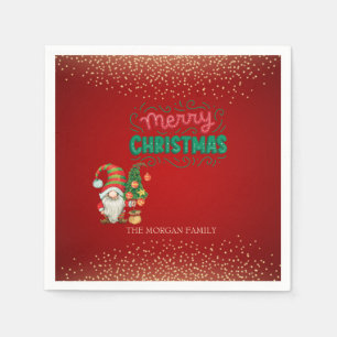 Cute Gnome Pine Tree Confetti Red Merry Christmas  Napkin
