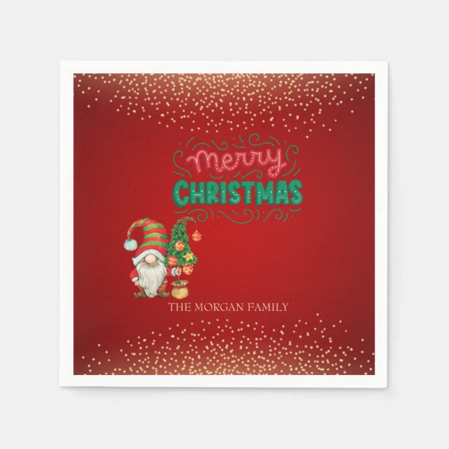 Cute Gnome Pine Tree Confetti Red Merry Christmas  Napkin (Front)