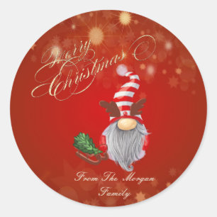 Cute Gnome Pine Tree Sleigh Christmas  Classic Round Sticker