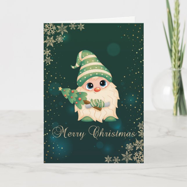 Cute Gnome PineTree,Snowflakes Holiday Card (Front)