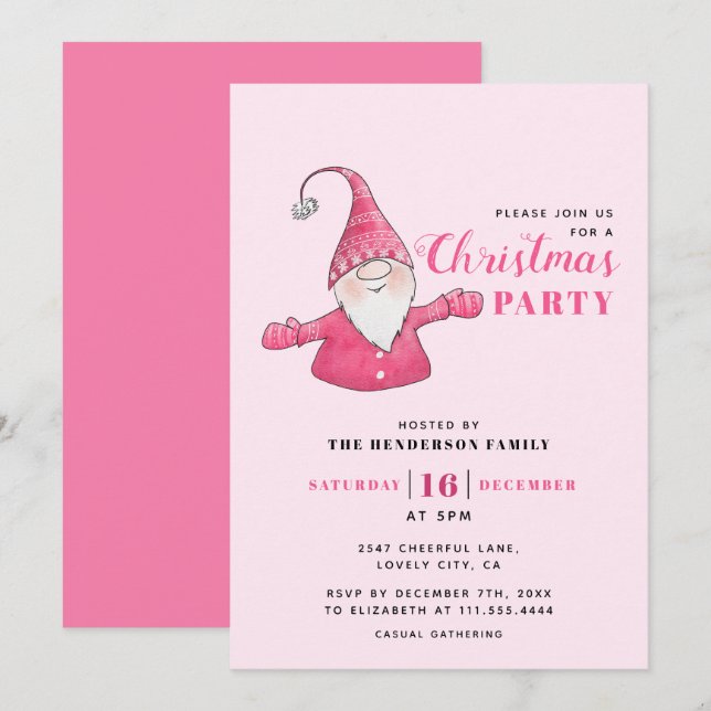 Cute Gnome Pink Christmas Party Invitation (Front/Back)