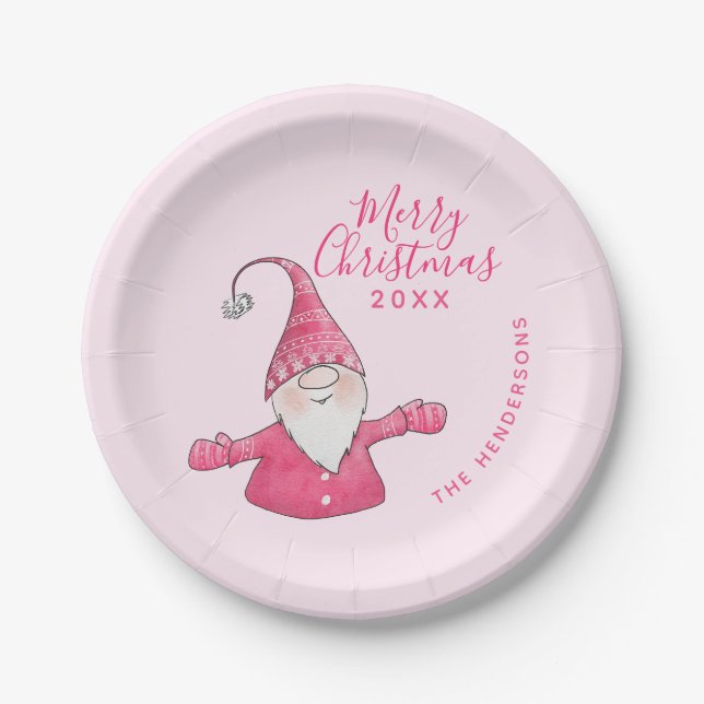 Cute Gnome Pink Custom Merry Christmas Paper Plate (Front)