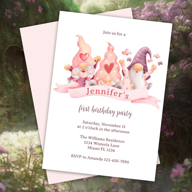 Cute Gnome Pink First Birthday Party Invitation (Creator Uploaded)