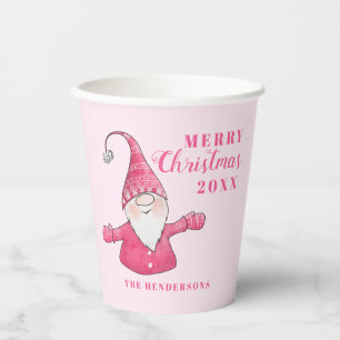Cute Gnome Pink Personalised Merry Christmas Paper Cups
