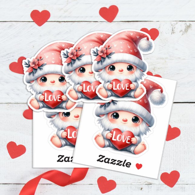 Cute Gnome Pink Red Heart Love Valentine's Day (Valentine's gnome sticker)