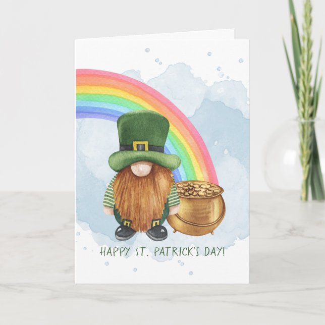 Cute Gnome Pot of Gold Custom St Patrick's Day Holiday Card (Front)