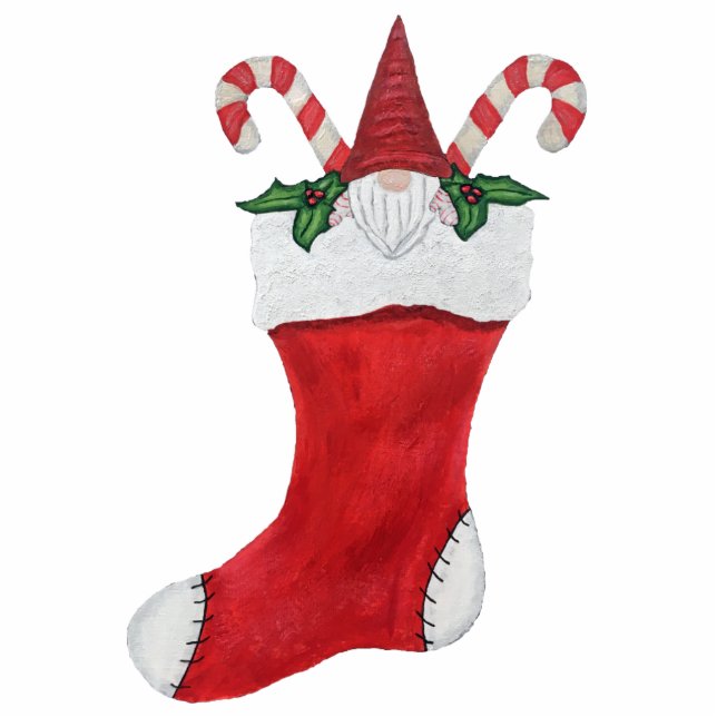 Cute Gnome Red Christmas Stocking Candy Canes Standing Photo Sculpture (Front)