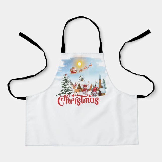Cute Gnome, Snowman Celebrating Christmas Holiday Apron (Front)
