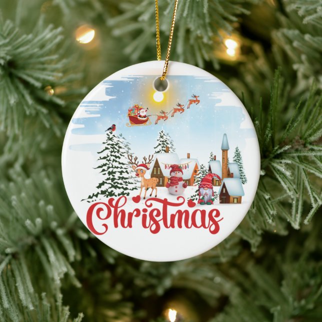 Cute Gnome, Snowman Celebrating Christmas Holiday Ceramic Tree Decoration (Tree)