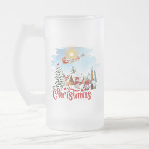 Cute Gnome, Snowman Celebrating Christmas Holiday Frosted Glass Beer Mug