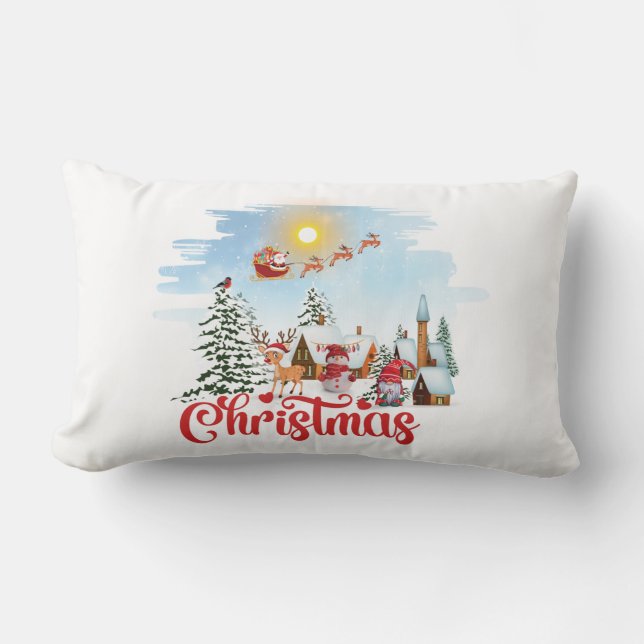 Cute Gnome, Snowman Celebrating Christmas Holiday Lumbar Cushion (Front)